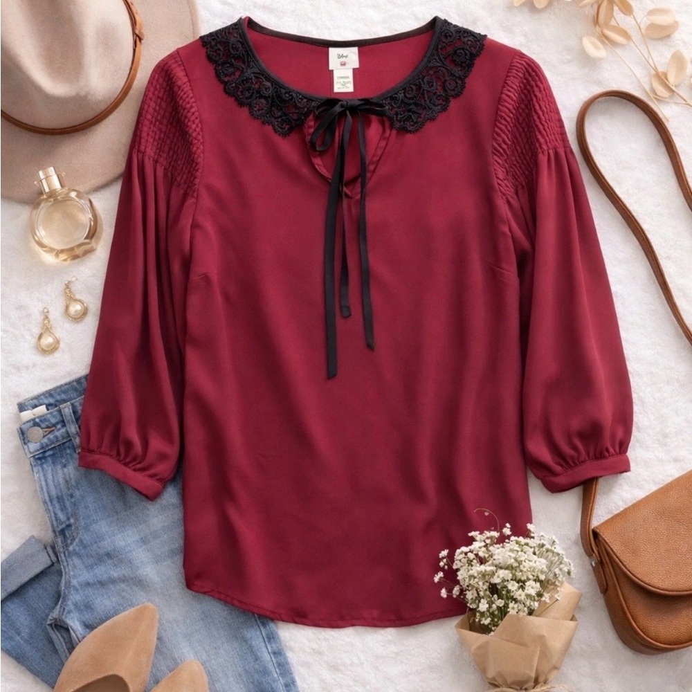 LC Lauren Conrad Disney Blouse Womens Small Burgundy Lace Tie Neck